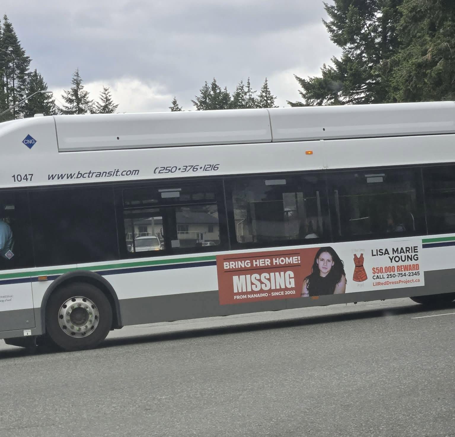 A Nanaimo transit bus carrying Lisa's missing banner