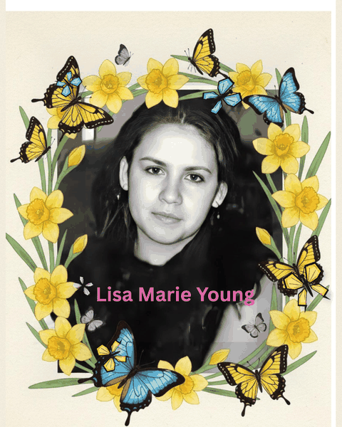 A portrait of Lisa Marie Young framed by daffodils and butterflies, with butterflies gently in motion