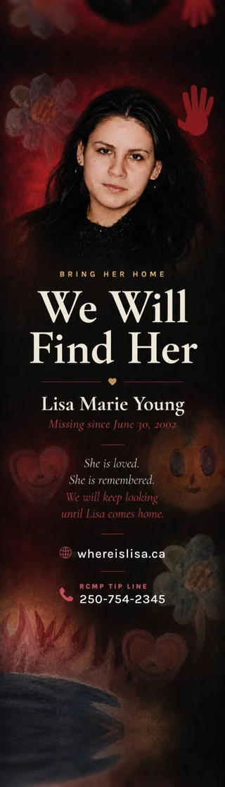 Bookmark reading We Will Find Her, with Lisa Marie Young's photograph over the children's watercolour art